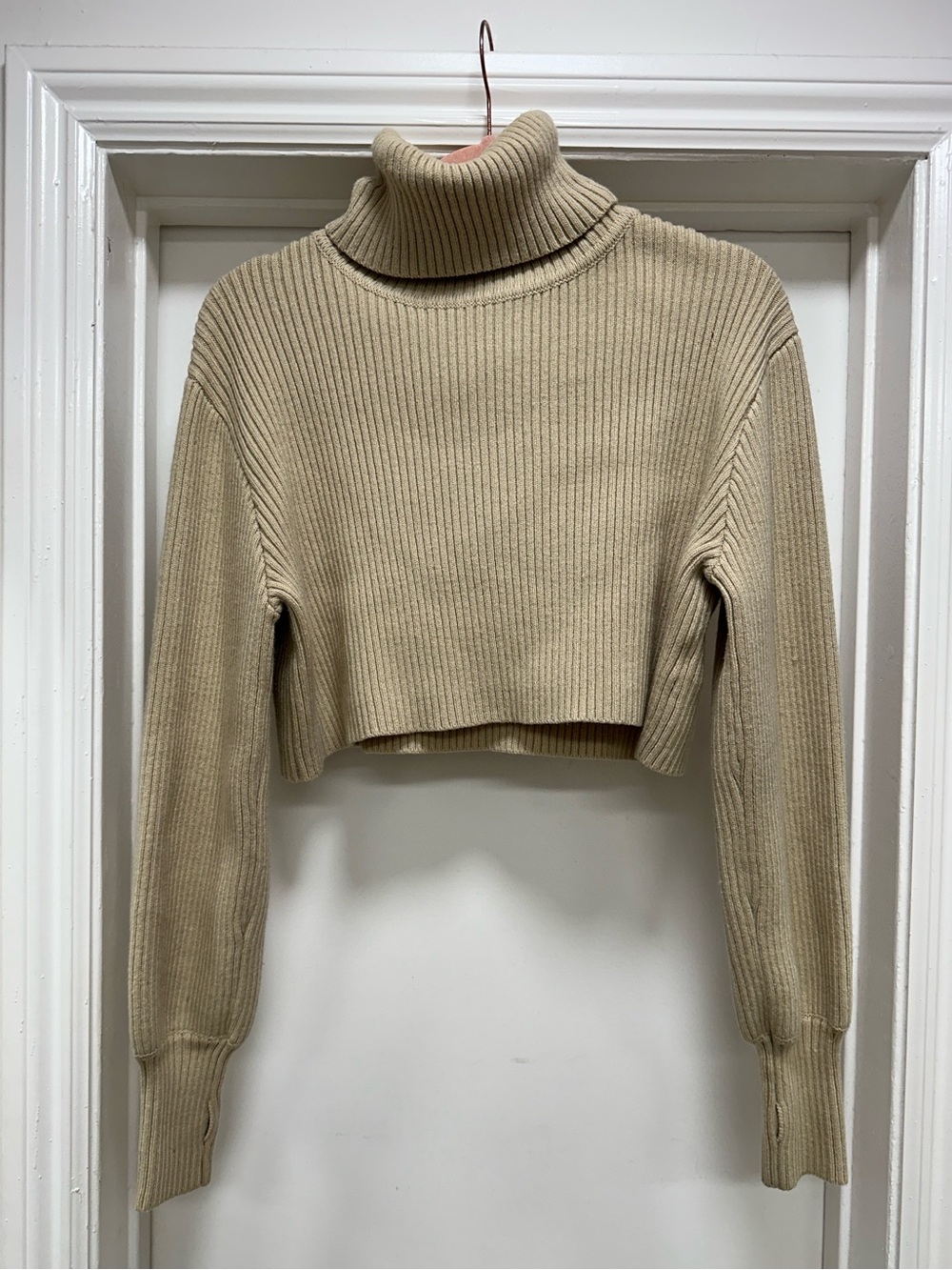 Cropped Ribbed Turtleneck Sweater - Beige